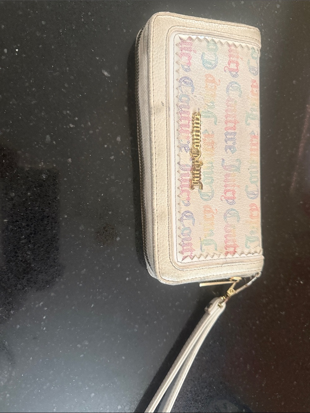 Juicy Couture Cream Wristlet with Multicolor Logo Print as is !